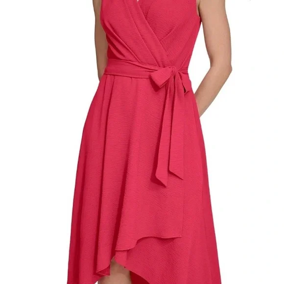 DKNY Women's Sleeveless V-Neck Coral Lipstick Midi Dress - Picture 6 of 8